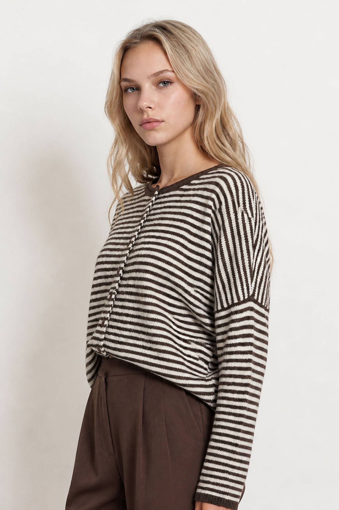 STRIPE RAW EDGE DROP SHOULDER KNIT CARDIGAN : DUSTY BLUE