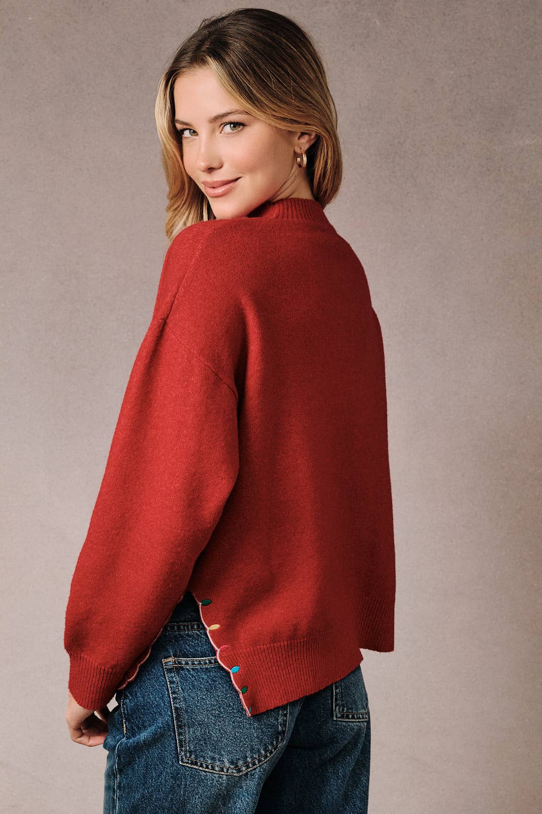 Mock Neck Long Sleeve Peace &amp; Joy Novelty Knit Sweater: Blue / M