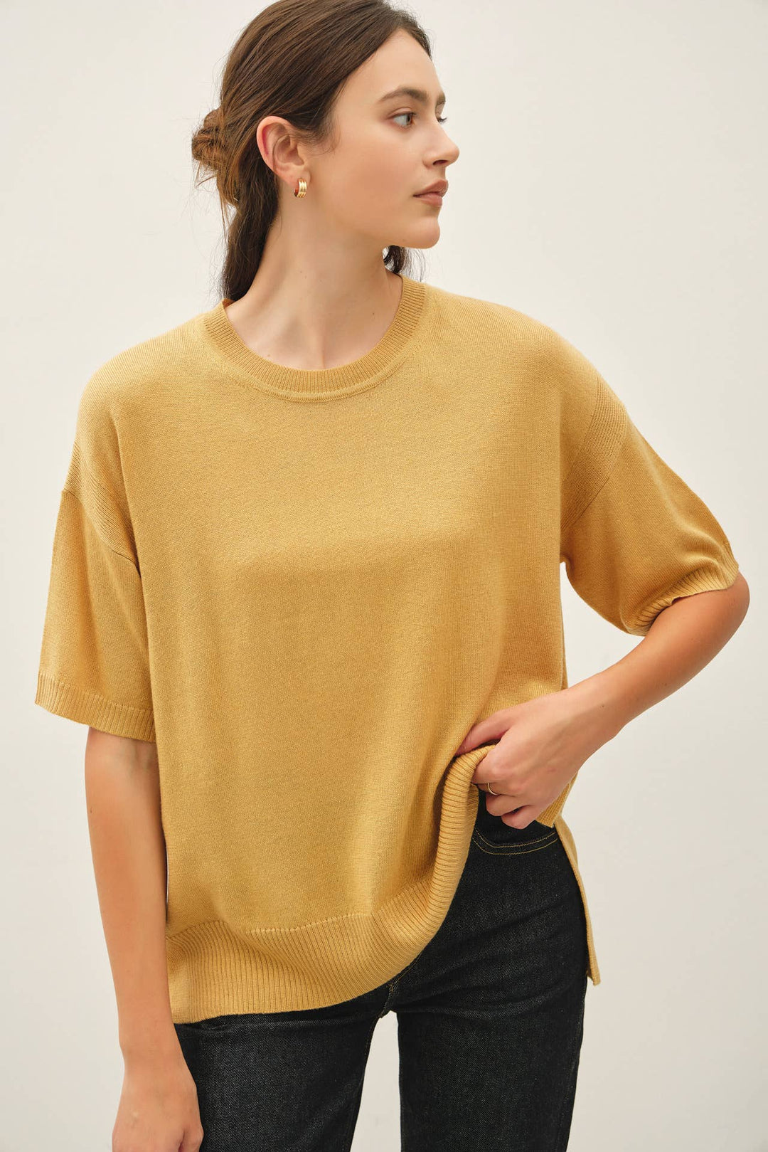 WOOL BLENED BOXY FIT SHORT SLEEVE SWEATER TOP : OATMEAL / L