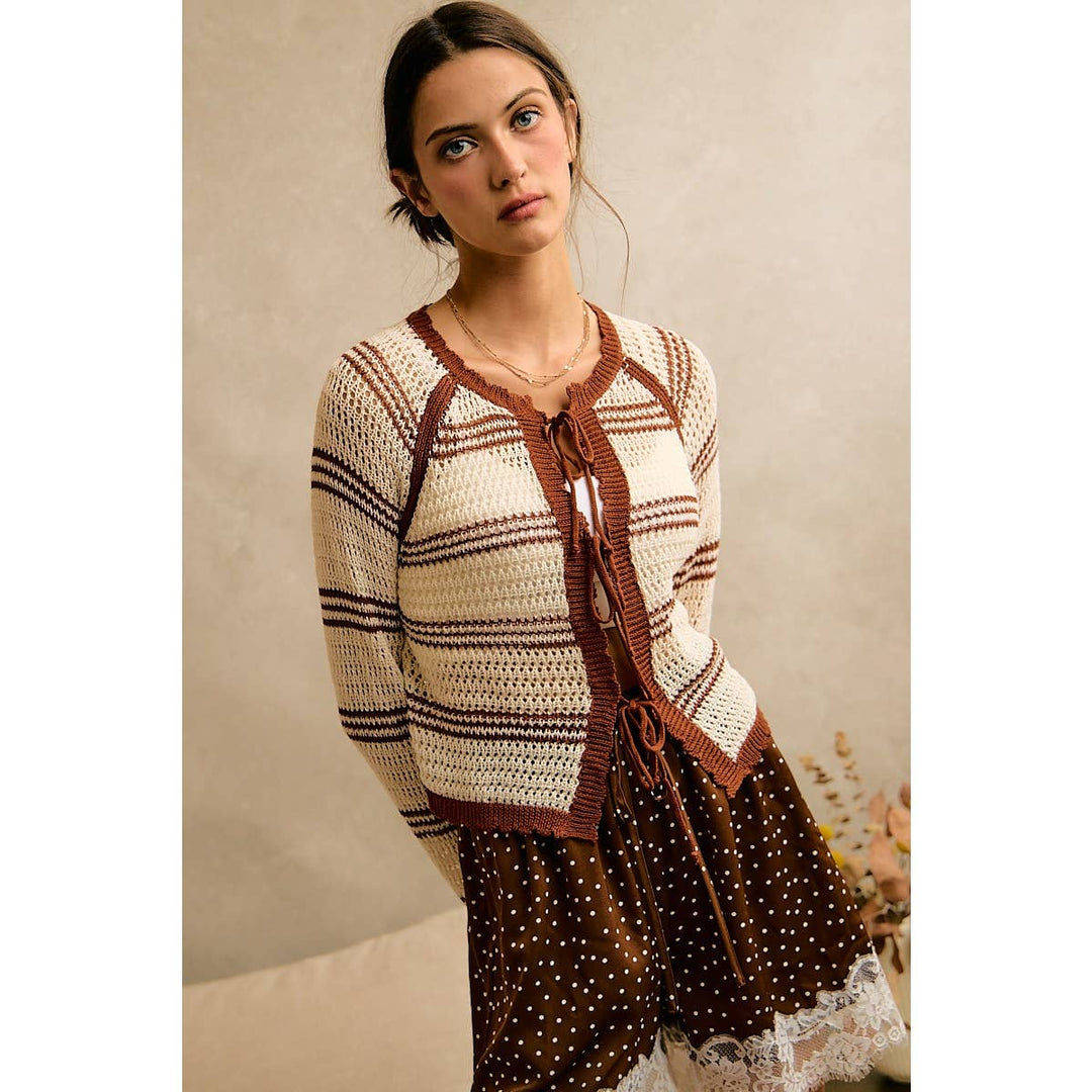 STRIPE OPEN KNIT TIE SWEATER TOP: BROWN / XL