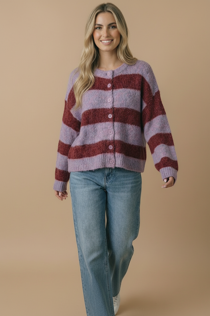 Fluffy Stripe Cardigan: Burgundy/Lavender