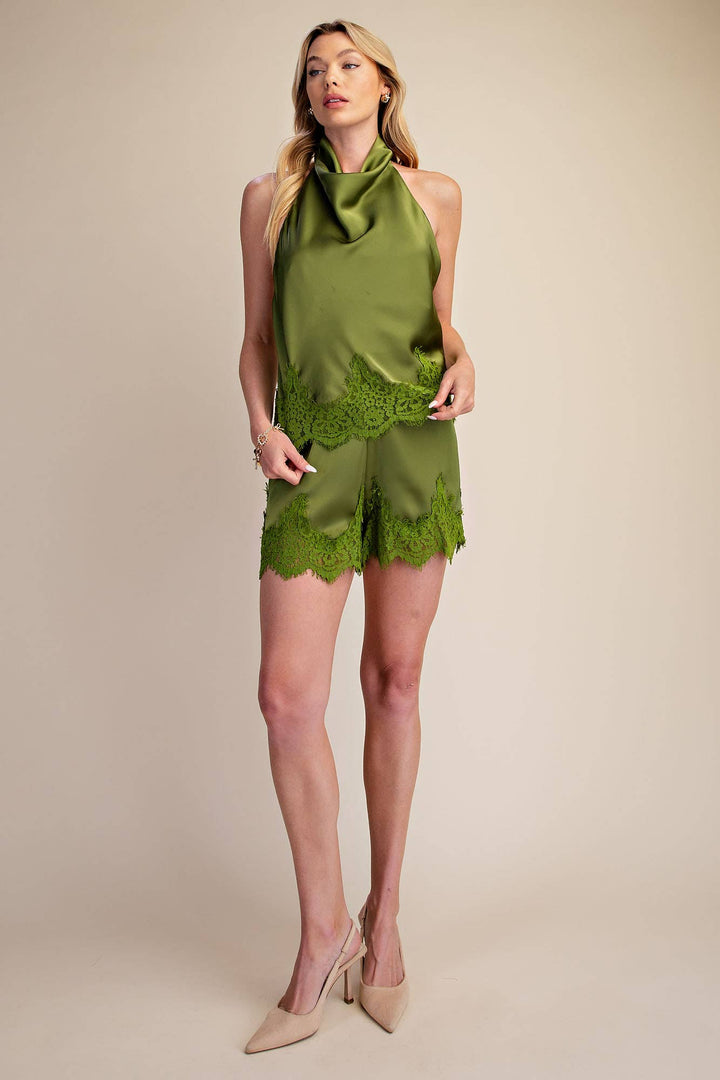 Olive Crush Satin Lace Shorts