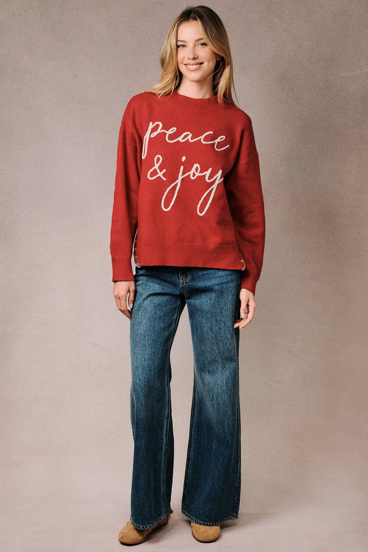 Mock Neck Long Sleeve Peace &amp; Joy Novelty Knit Sweater: Blue / L