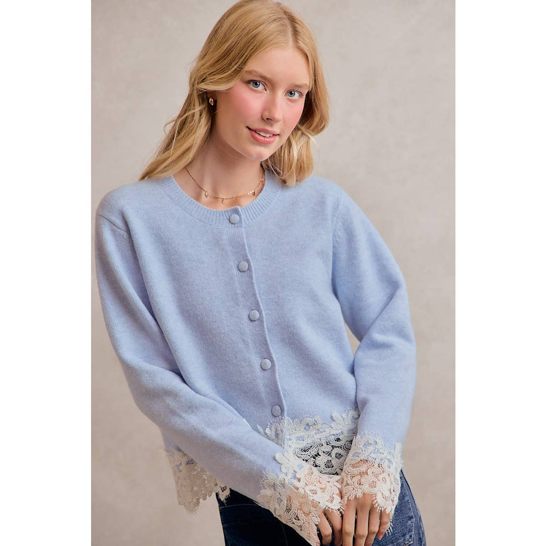 BUTTON DOWN LONG SLEEVE KNIT CARDIGAN WITH LACE TRIM: BLUE / XL