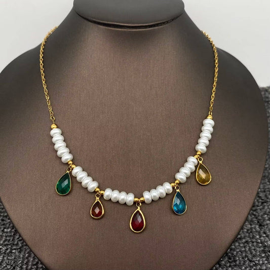 Teardrop Crystal Charm Pearl Beaded 18K Golden Necklace