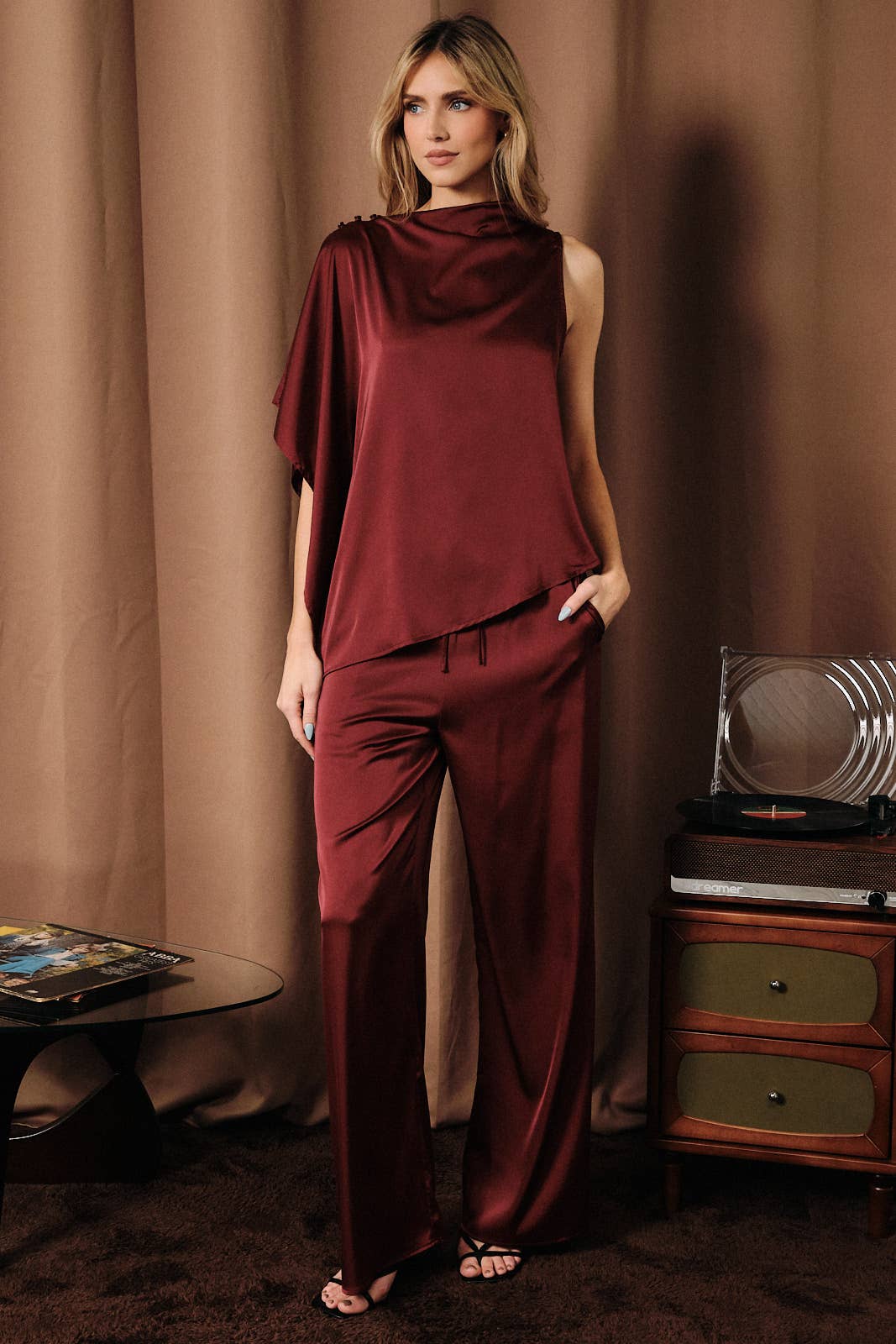 High Waist Drawstring Satin Wide Leg Pants: Burgundy / L