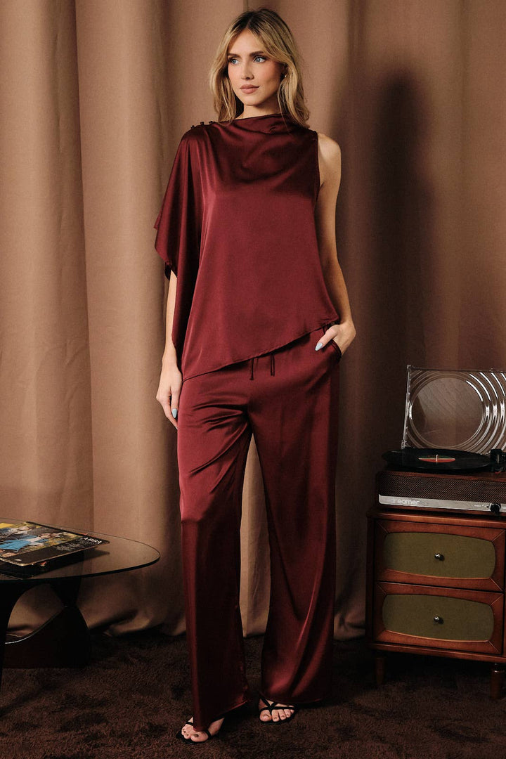 High Waist Drawstring Satin Wide Leg Pants: Burgundy / L