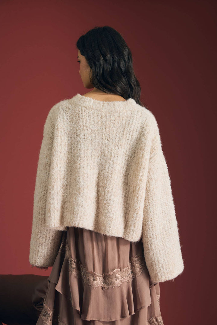 FUZZY KNIT BUTTON DOWN BOXY CARDIGAN SWEATER: CHOCOLATE BROWN