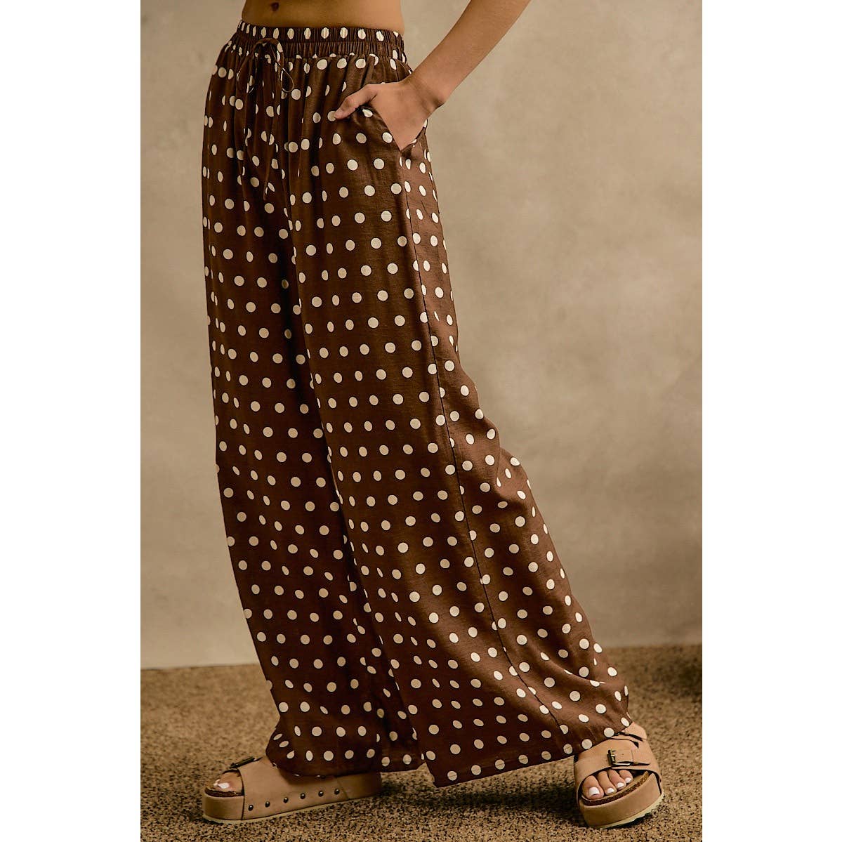 POLKA DOT WAIST ELASTIC WIDE PANTS: BROWN/WHITE / S