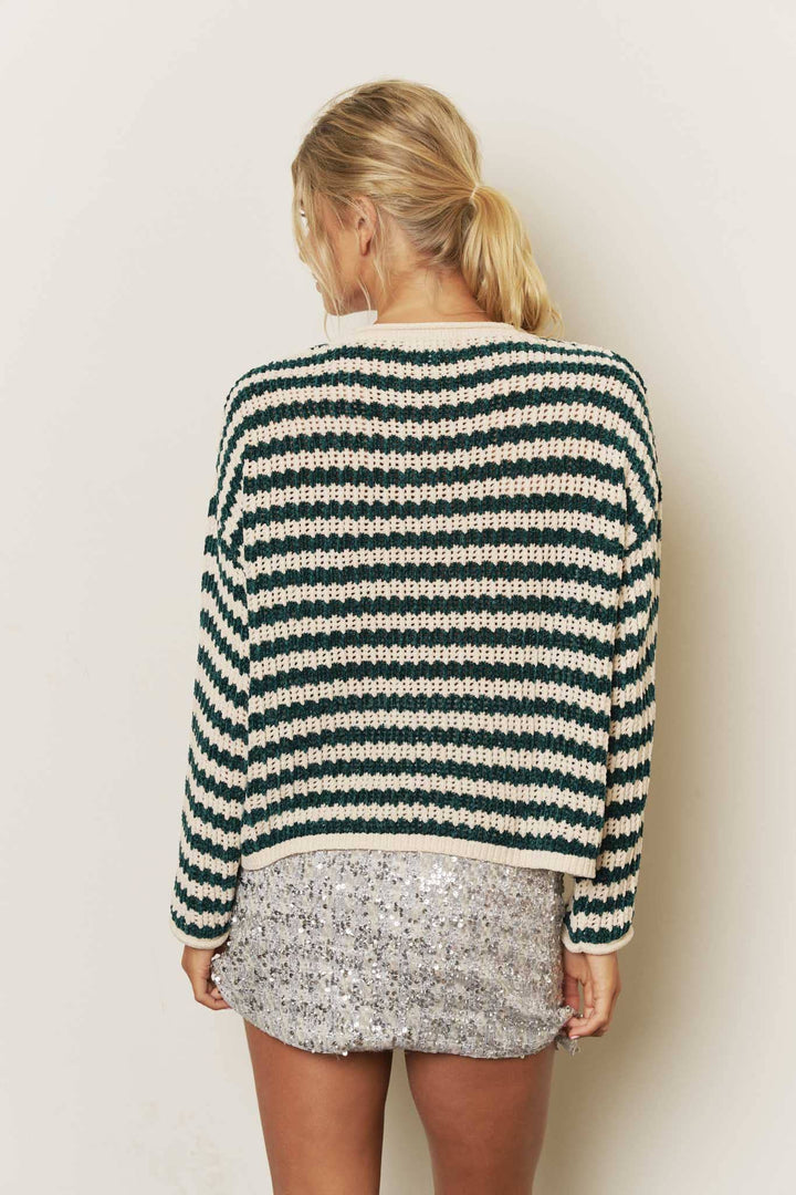 STRIPED NOTCH V NECK RELAXED KNIT SWEATER: RED
