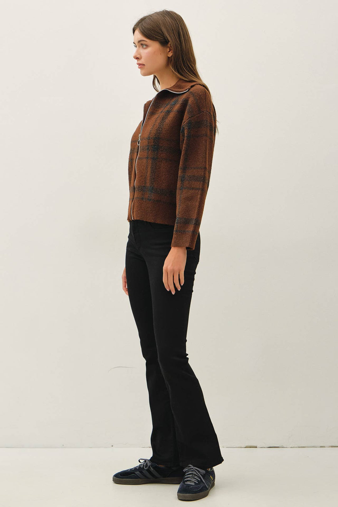 PLAID CHECK HIGH NECK COLLAR SWEATER JACKET: OLIVE / M
