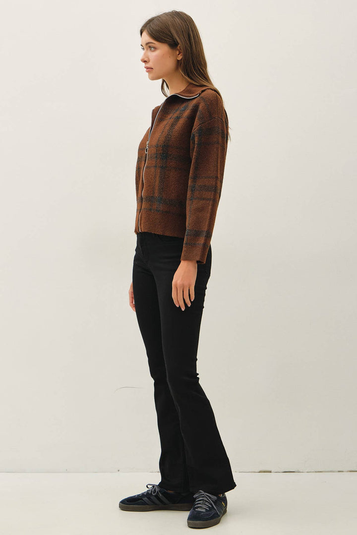 PLAID CHECK HIGH NECK COLLAR SWEATER JACKET: OLIVE / M