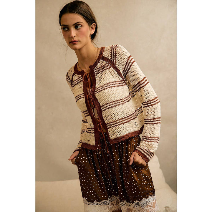 STRIPE OPEN KNIT TIE SWEATER TOP: BROWN / S
