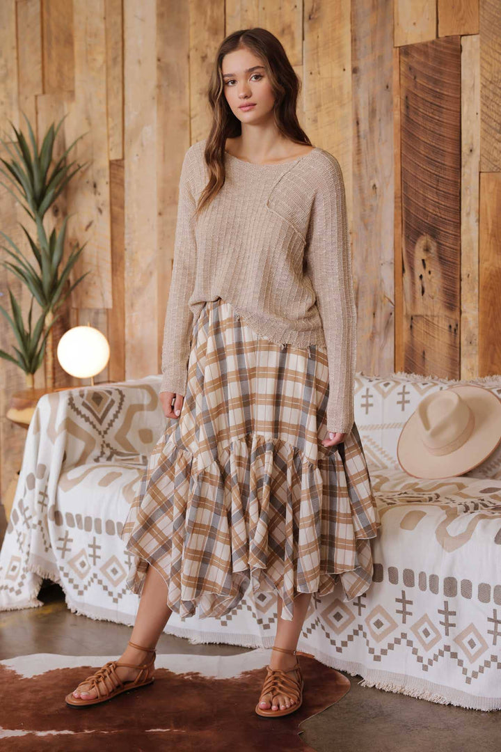 PLAID RUFFLE HANDKERCHIEF HEM MIDI SKIRT: GREEN MULTI