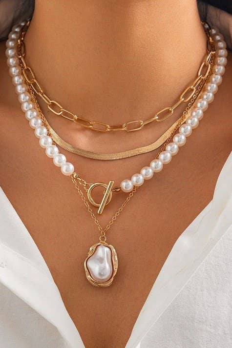 4 Multi Layered Necklace w/Pearl Stone