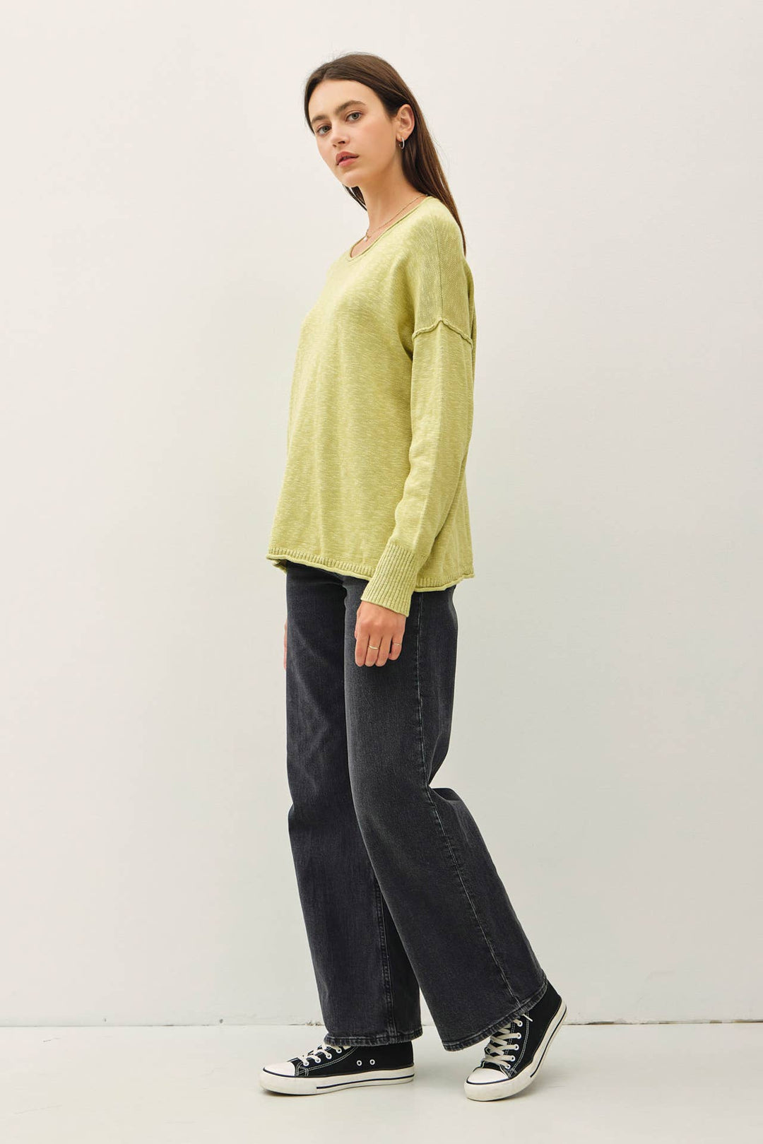 DROP SHOULDER SLUB PULLOVER SWEATER: Matcha / SM