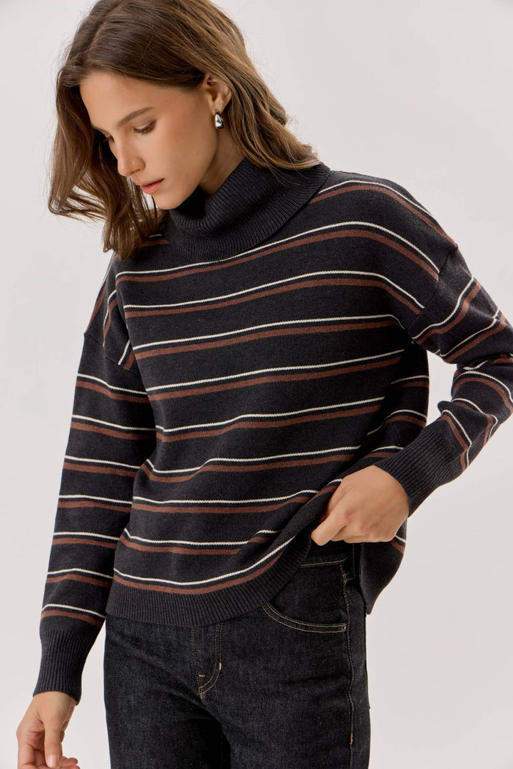 PREPPY STRIPED TURTLENECK BOXY SWEATER : MOCHA / SM