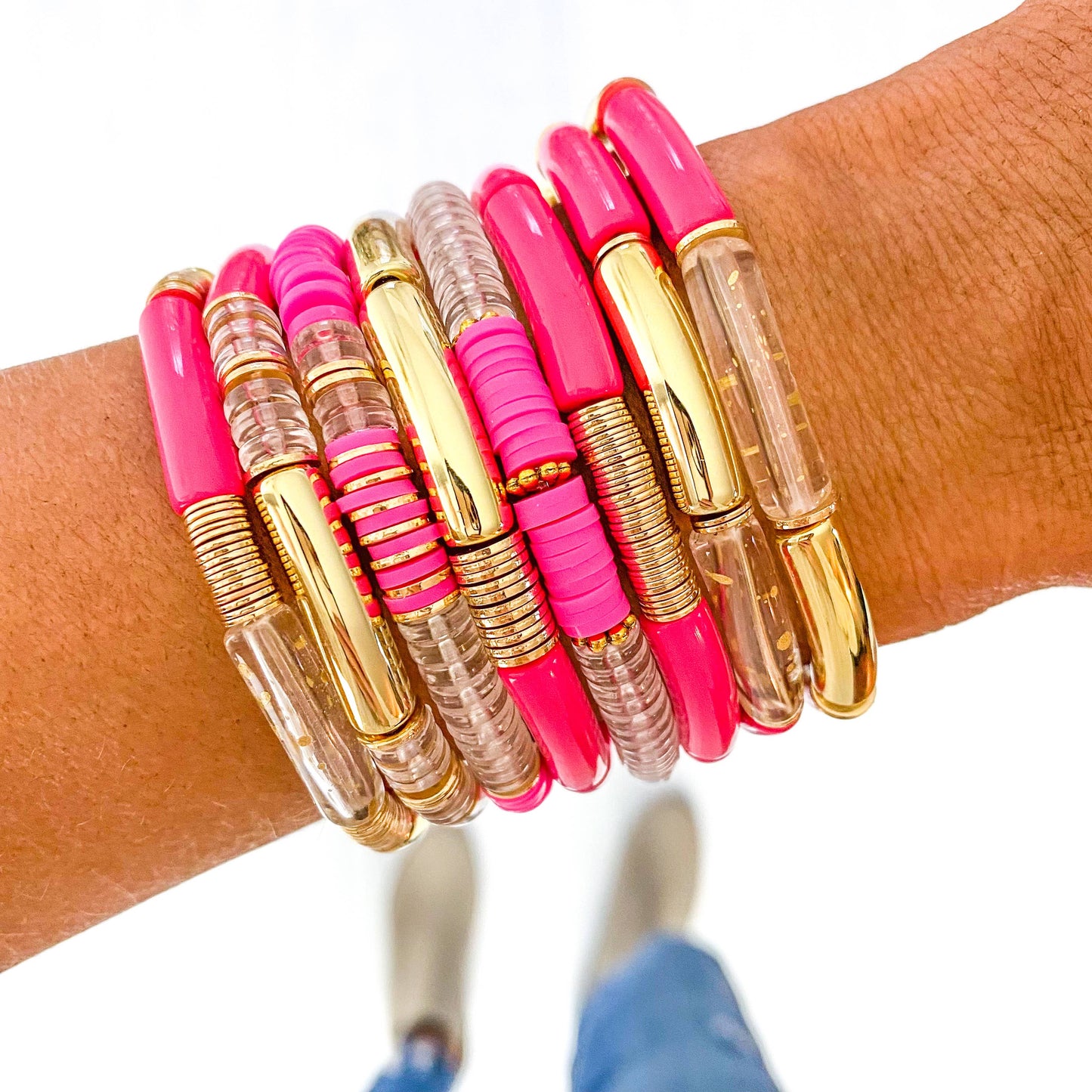 Hot Pink Acrylic Tube Bamboo Bracelet-Sold Separately