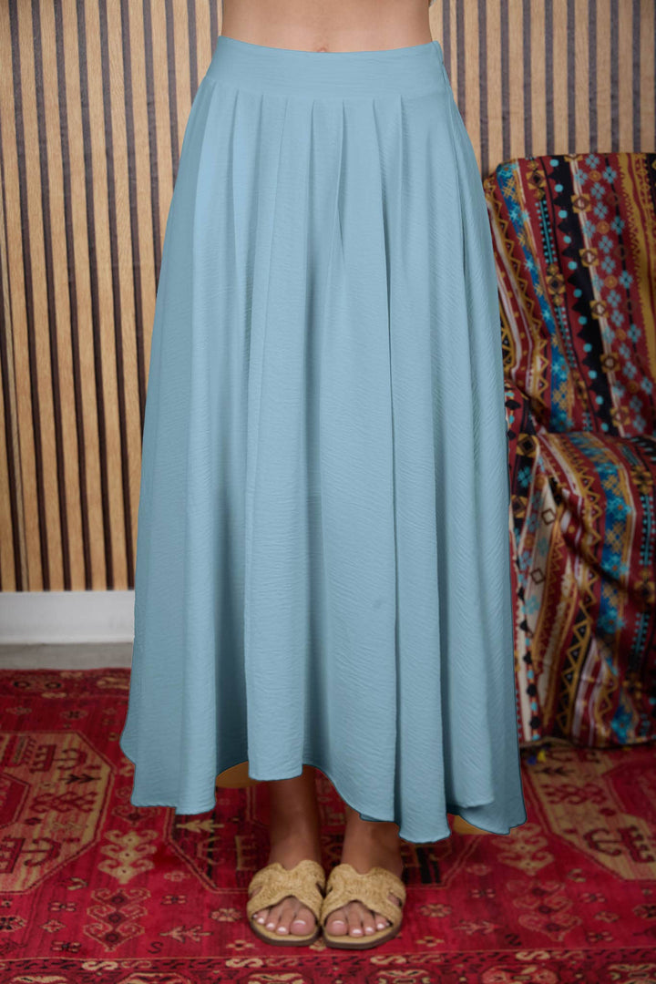 BOX PLEATED MIDI SKIRT: LIGHT TEAL