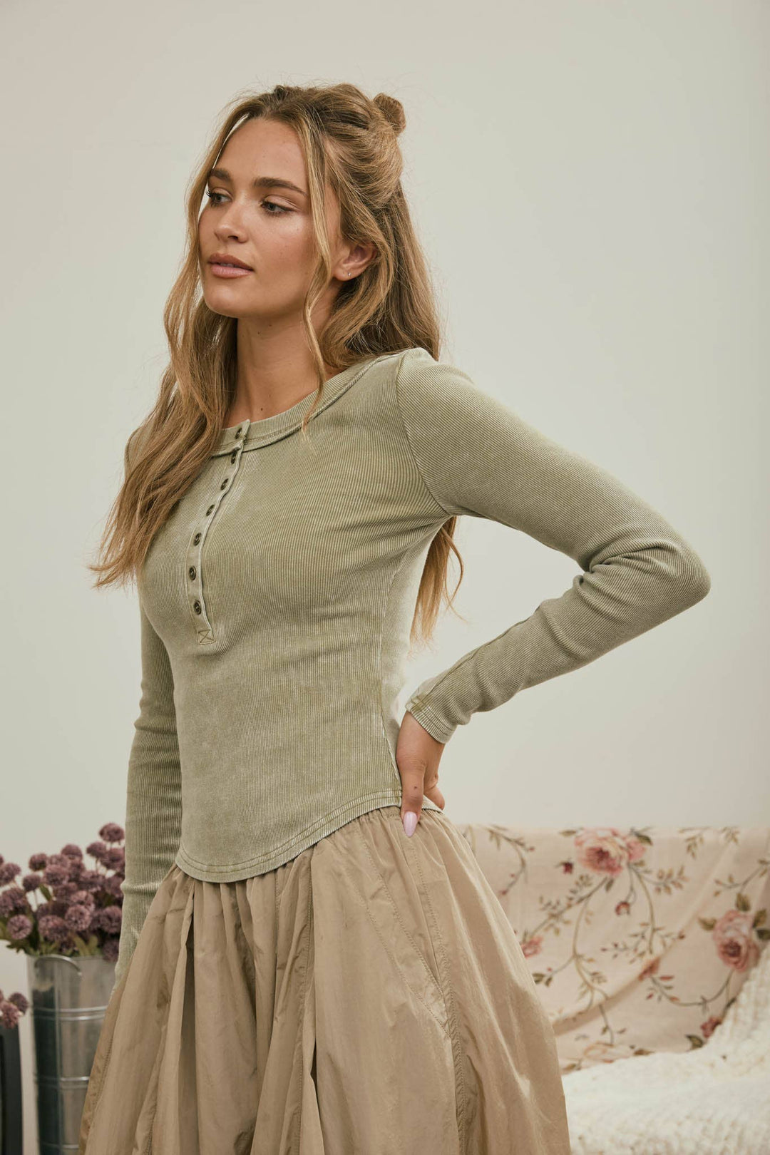 Washed Light Olive Ribbed Henley