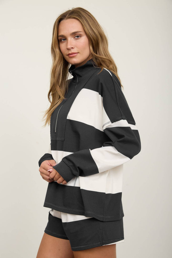 WIDE STRIPE HALF ZIP LONG SLEEVE KNIT TOP: NAVY