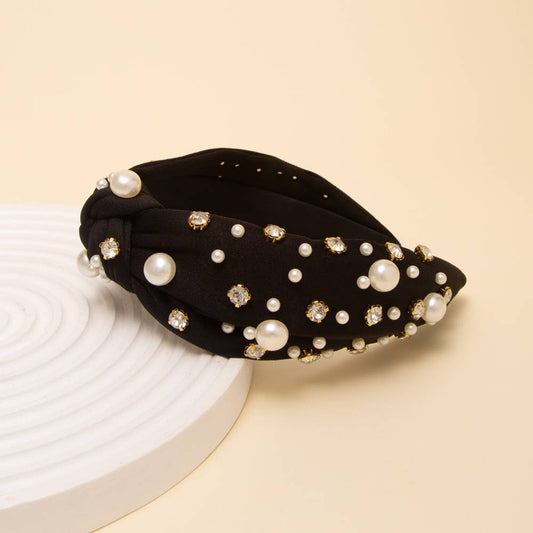 Rhinestone and Pearl Headband: Black
