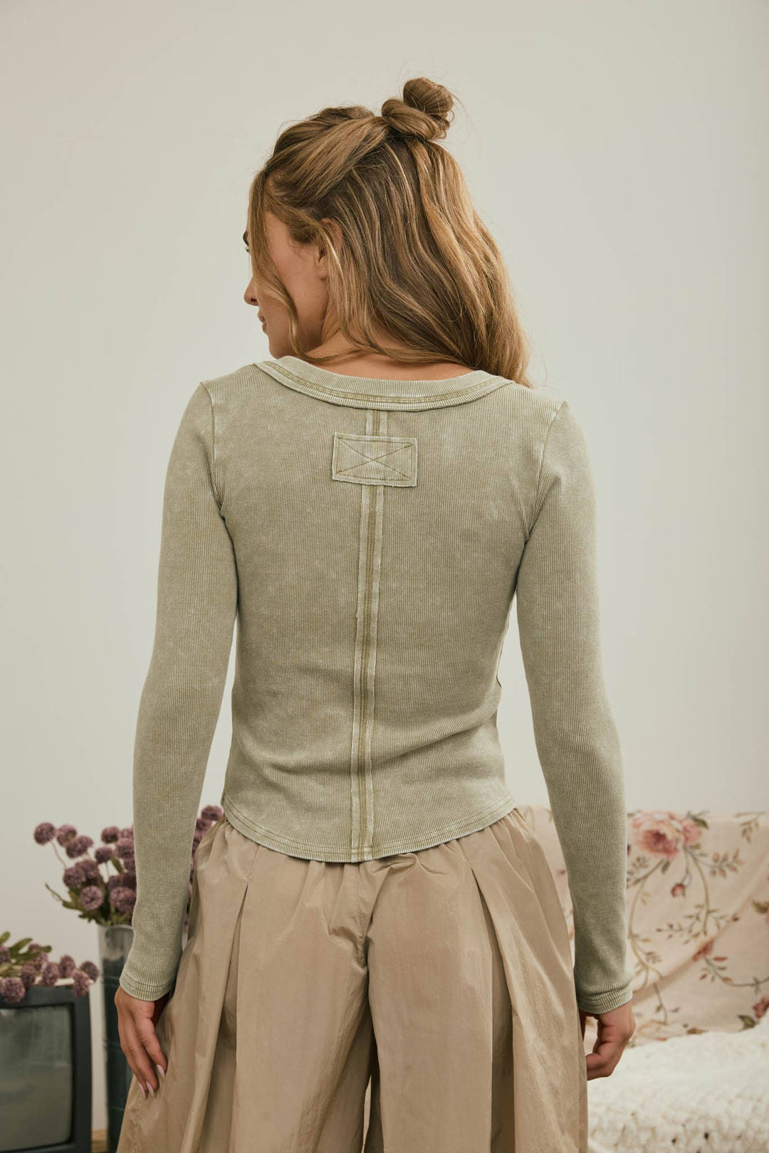 Washed Light Olive Ribbed Henley