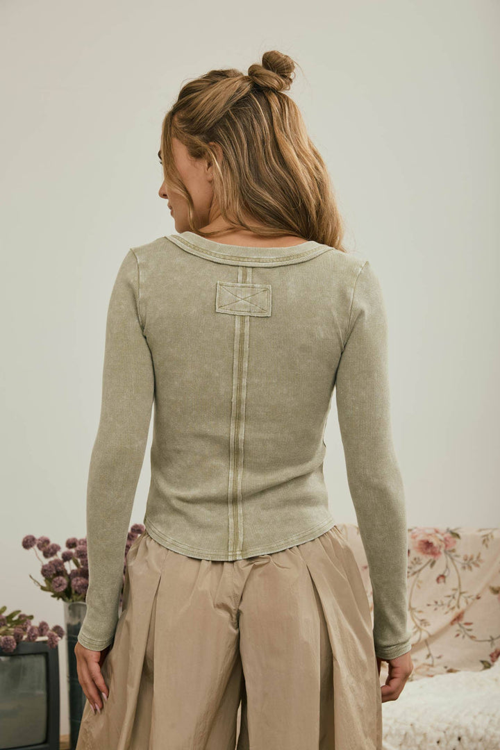 Washed Light Olive Ribbed Henley