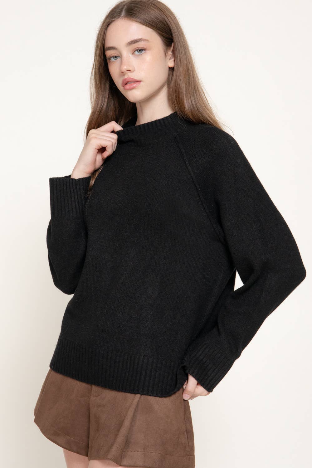 Black Raglan Mock Neck Sweater