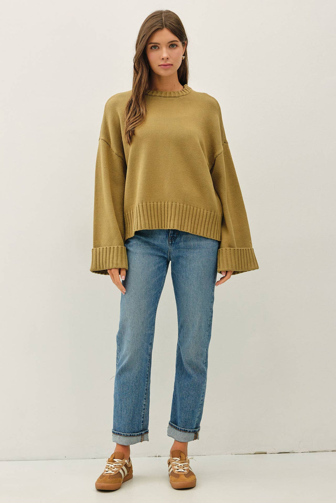 WIDE CUFF OVERSIZED SWEATER: LIME GREEN / M