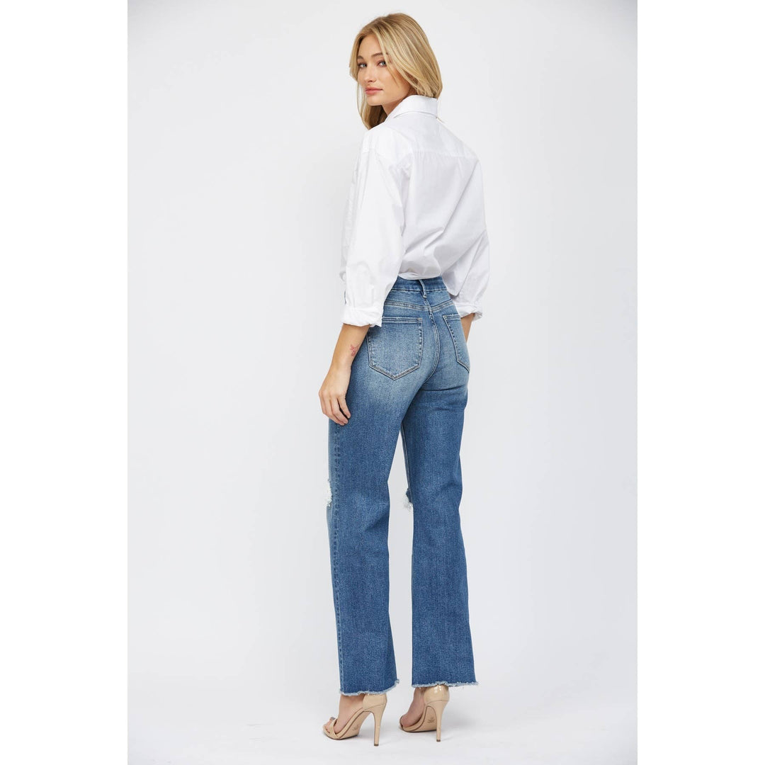 High Waist Distressed Knee Flare Mica Jeans