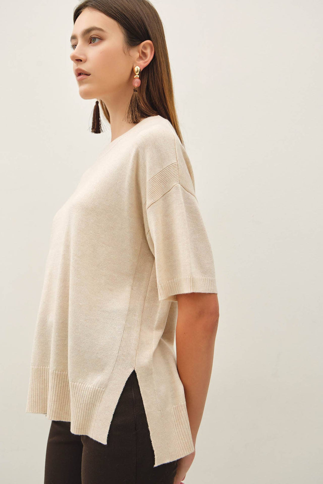 WOOL BLENED BOXY FIT SHORT SLEEVE SWEATER TOP : OATMEAL / L