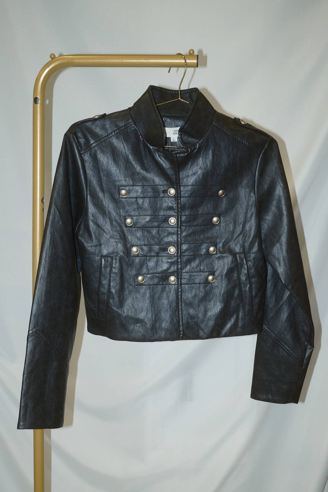 Napoleon High Neck Faux Leather Cropped Jacket: Black / S