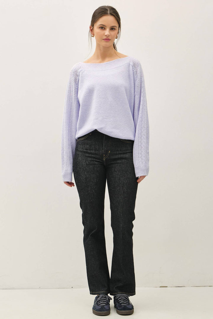 BOAT NECK CROCHET DETAIL SWEATER: LAVENDER / S