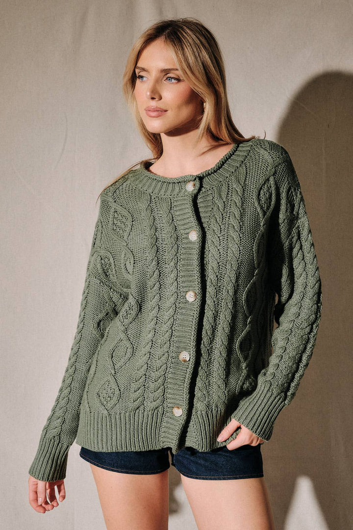 Oversized Cable Knit Button Down Cardigan Sweater: OLIVE / S