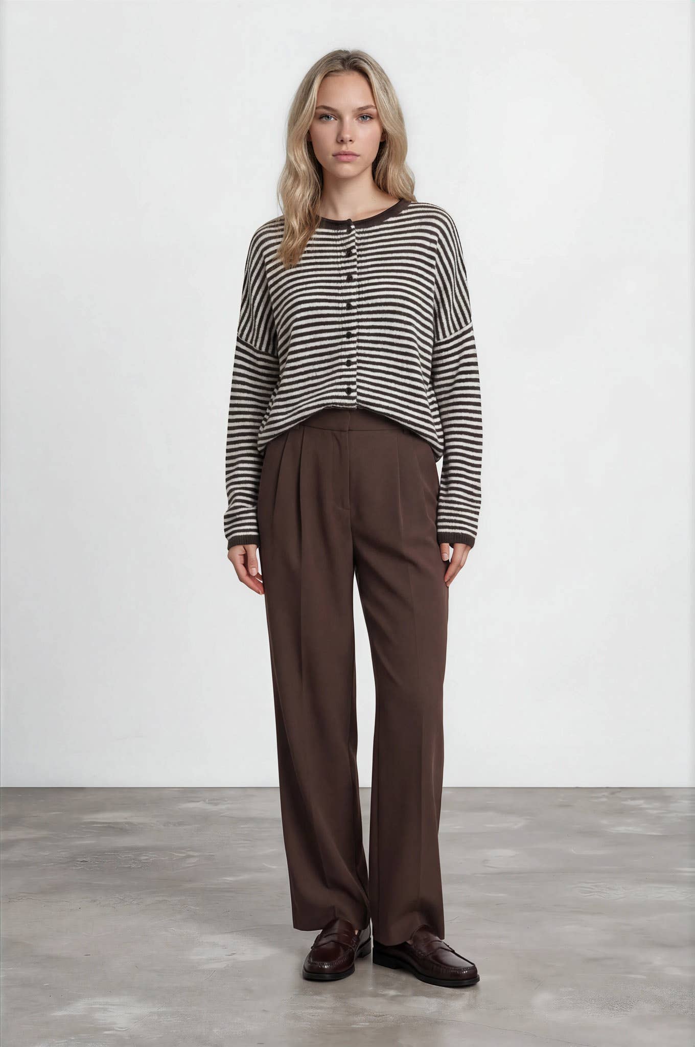 STRIPE RAW EDGE DROP SHOULDER KNIT CARDIGAN : BURGUNDY