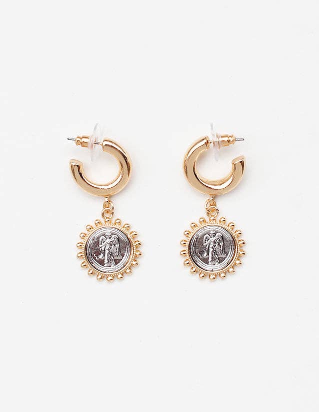 Gold Huggie Hoop with Silver Coin Earring