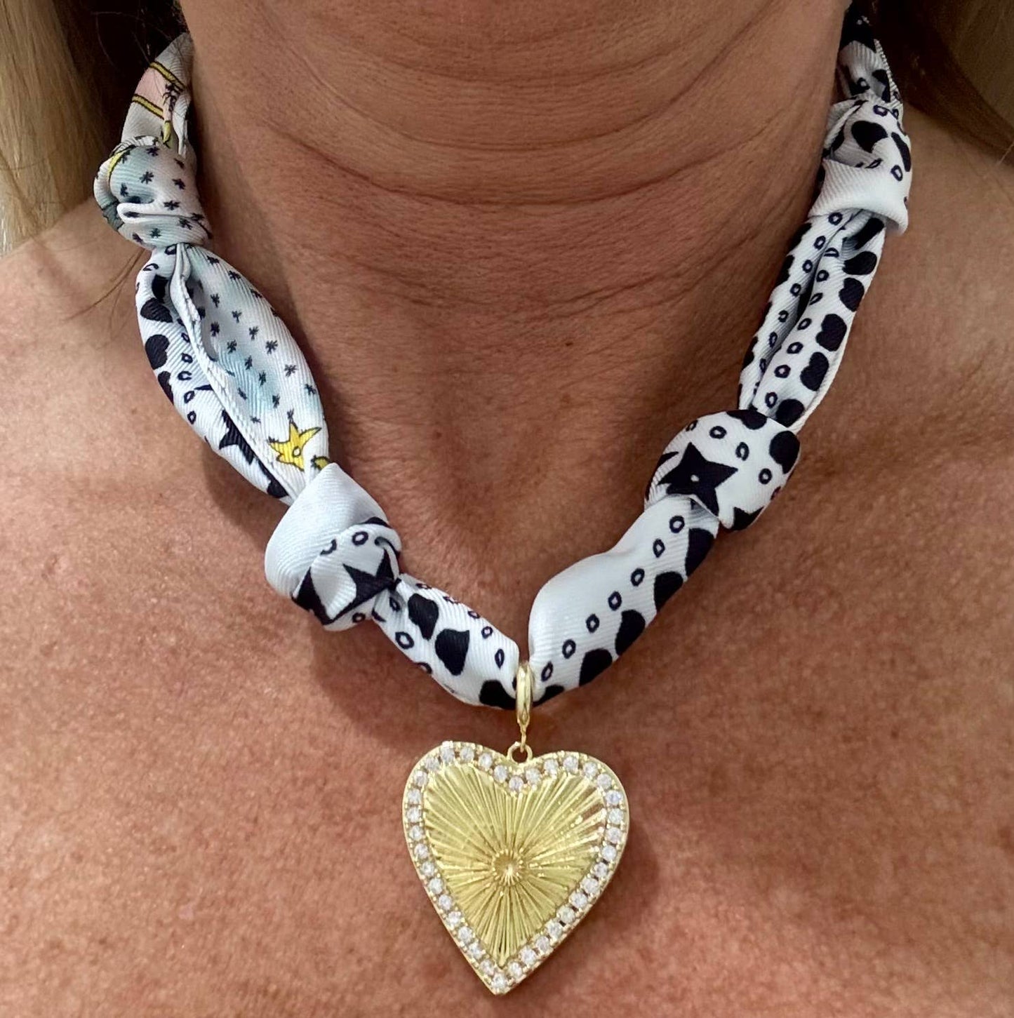 White Knotted Scarf with Heart Charm Necklace