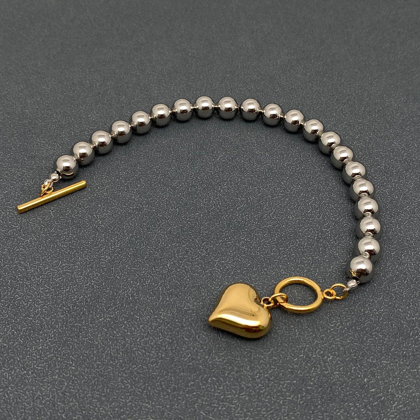 FGS- 18K Gold Plated Heart Charm Steel Color Beaded Bracelet