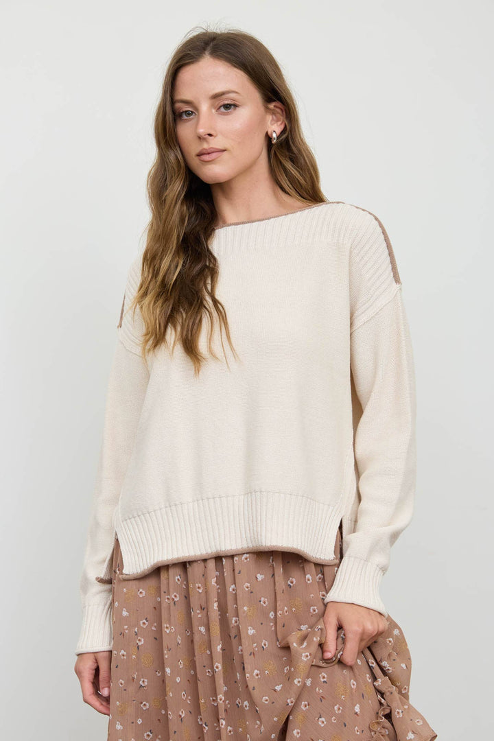 CONTRAST TRIM BOAT NECK RIBBED DETAIL KNIT SWEATER : MOCHA