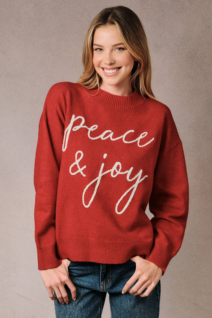 Mock Neck Long Sleeve Peace &amp; Joy Novelty Knit Sweater: Blue / L