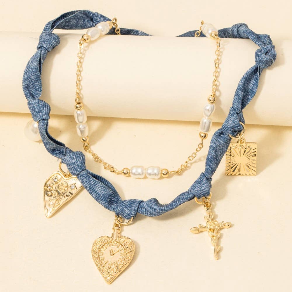 Paisley Denim And Chain Layered Necklace