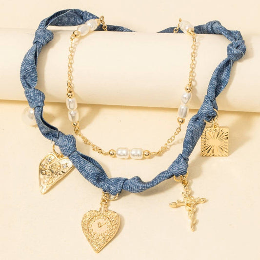 Paisley Denim And Chain Layered Necklace