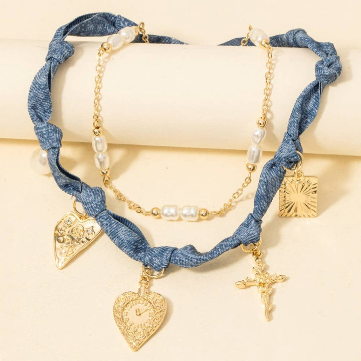 Paisley Denim And Chain Layered Necklace