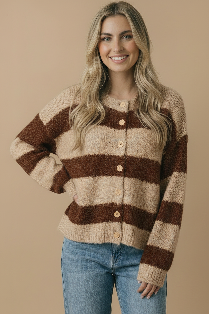 Fluffy Stripe Cardigan: Taupe/Brown