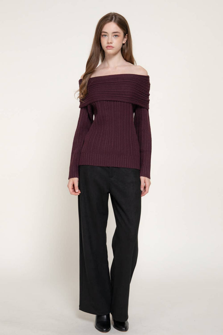 Plum Off The Shoulder Ribbed Sweater