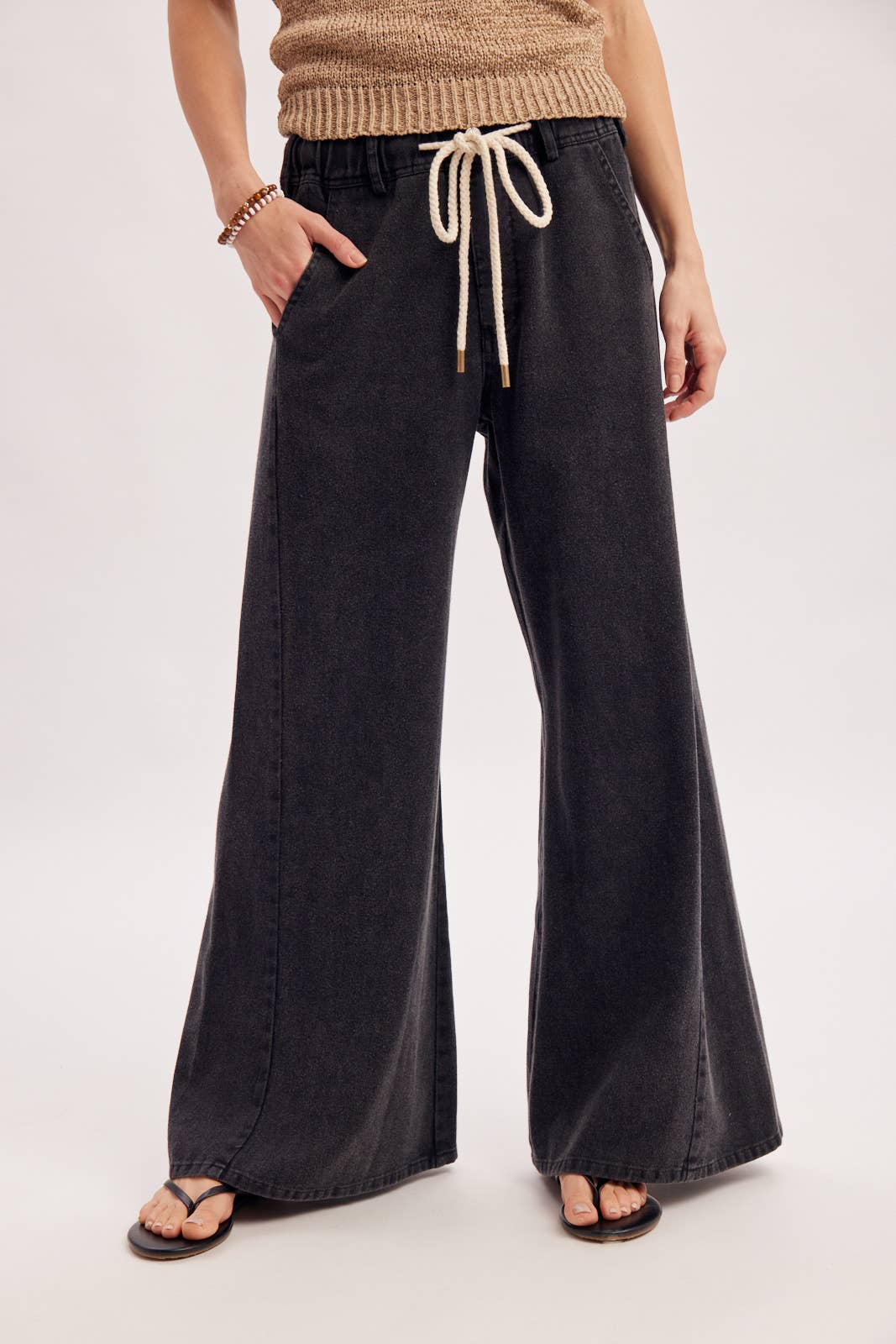 Black Washed Mid-Rise Flare Knit Pants