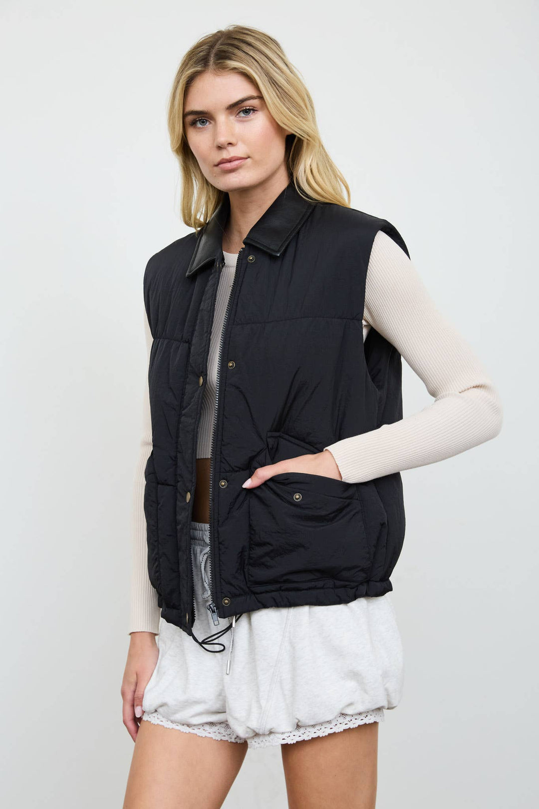 COLLARED SNAP-FRONT PUFFER VEST (PRE-ORDER): BLACK