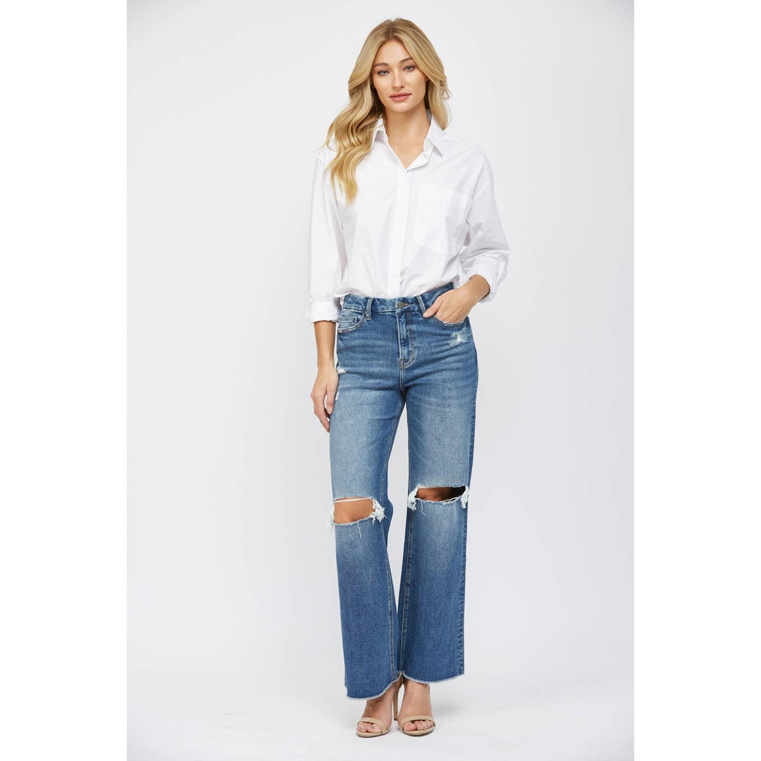High Waist Distressed Knee Flare Mica Jeans