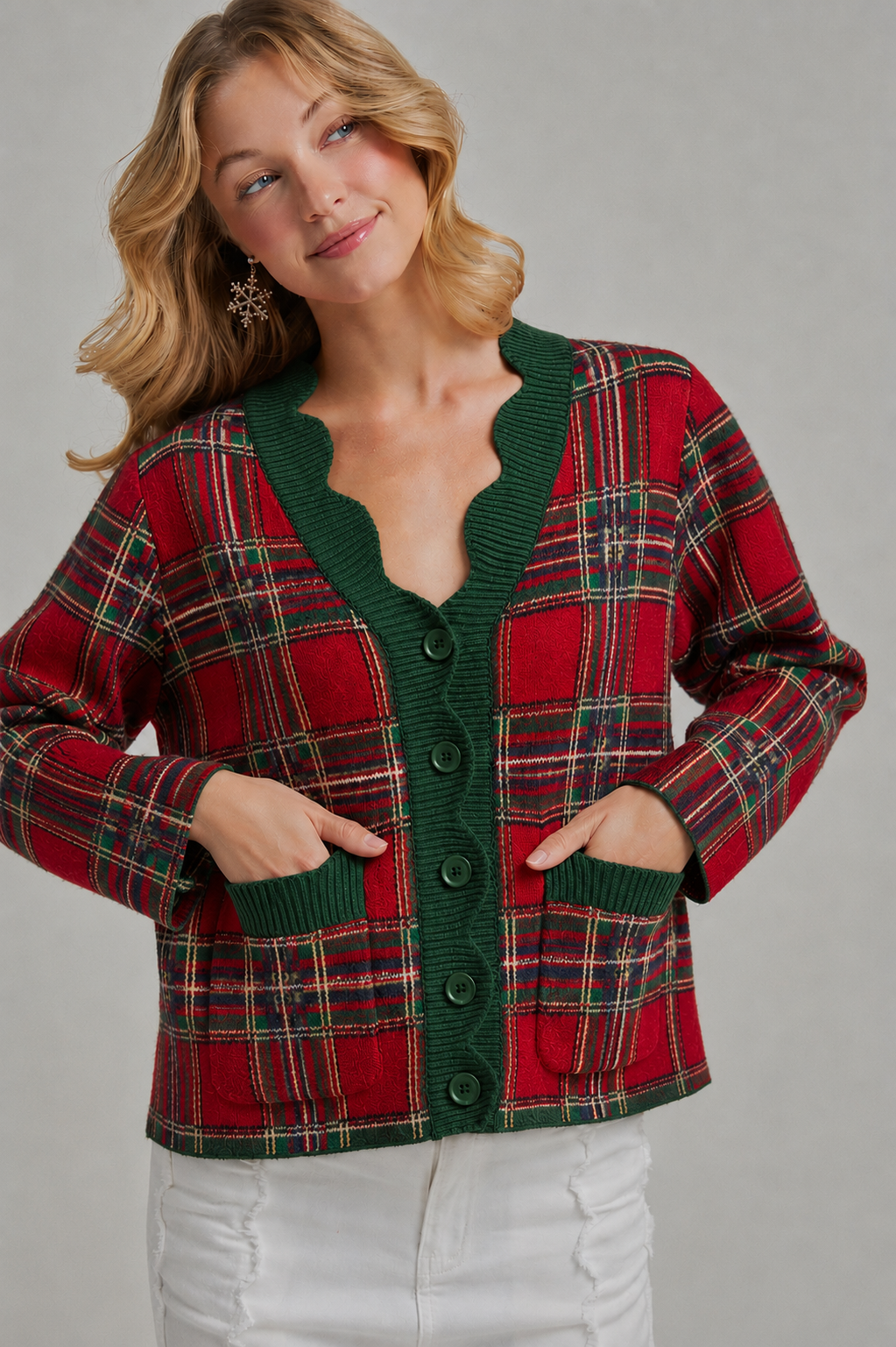 CHRISTMAS PLAID CHECK SWEATER CARDIGAN _JLT00401-02: RED CHECK / S-M-L(2-2-2)